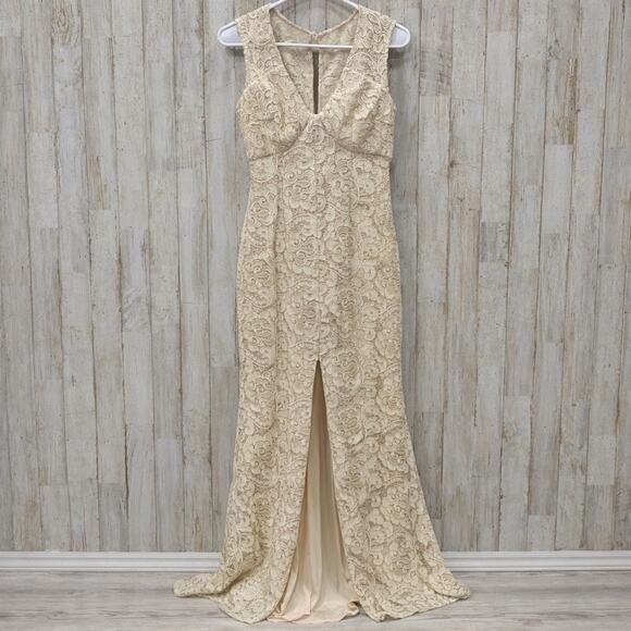 Aidan Mattox Dresses & Skirts - Aidan Mattox Champagne V Neck Lace Mid Slit Dress Maxi Formal Wedding Guest 4